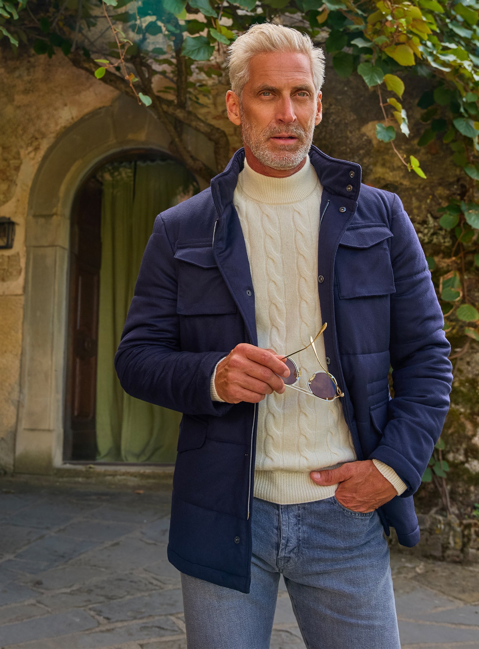 Navy Blue Field Jacket in Pure Cashmere