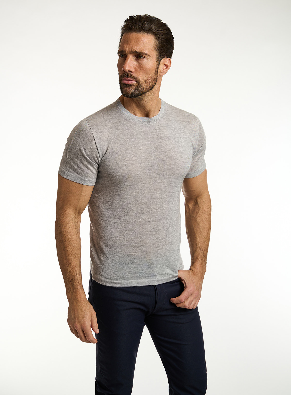 Tricou Consiglieri gri deschis cu decolteu rotund și pantaloni bleumarin