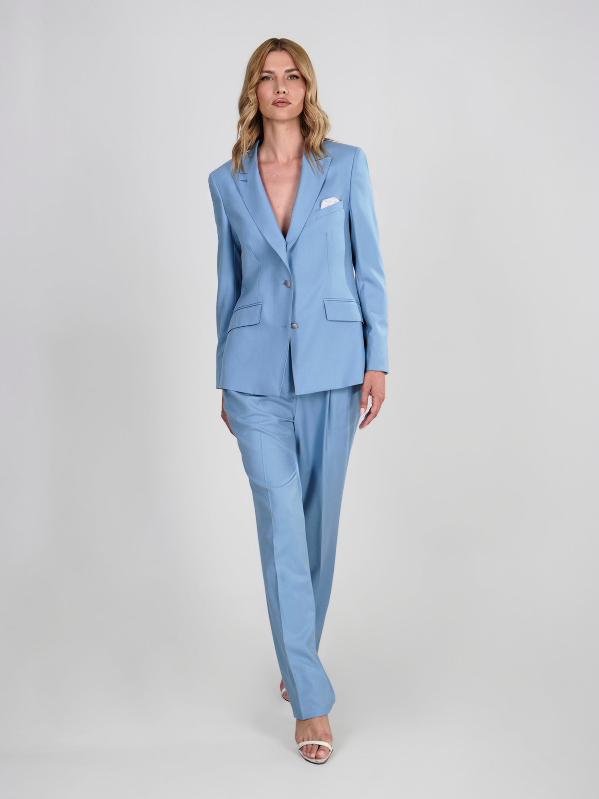 Costum de damă bleu Consiglieri DONNA, cu sacou cambrat și pantaloni drepți