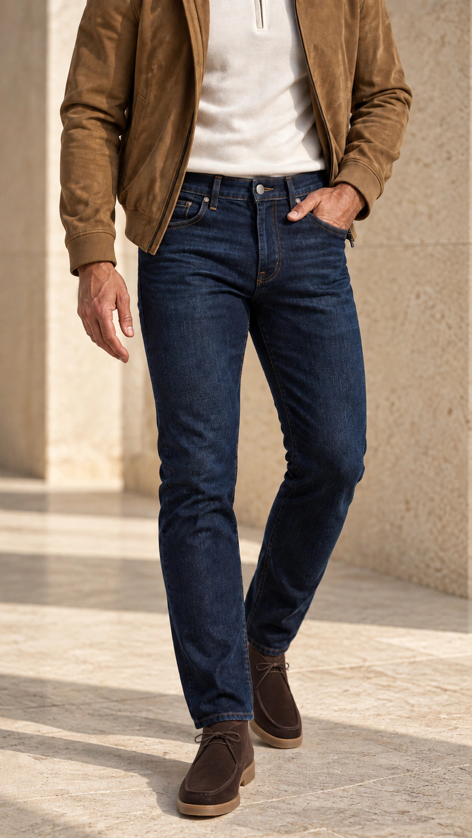 Vedere apropiată din față a ținutei cu denim navy și jachetă tabac.