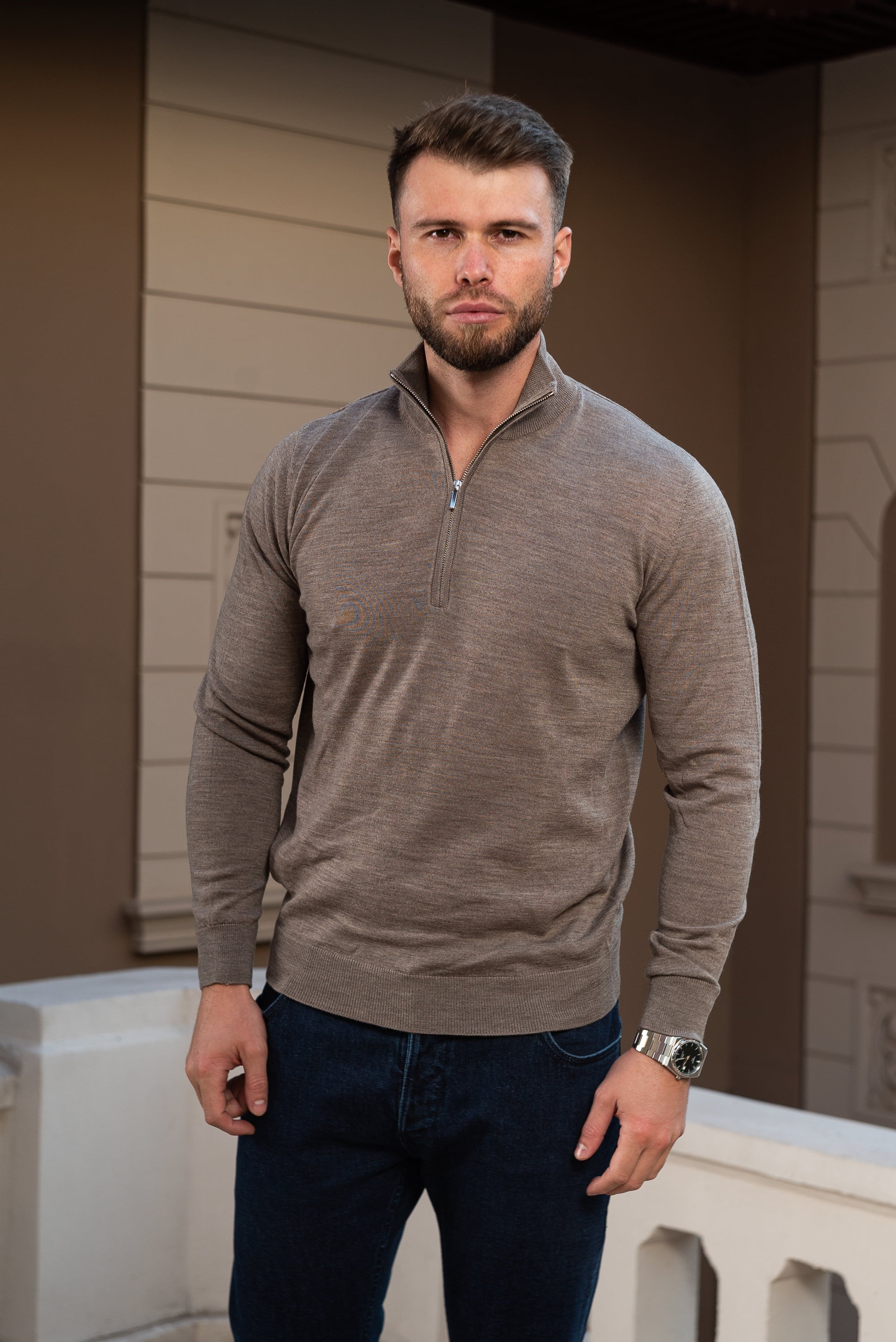 Knit Half Zip Taupe Consiglieri