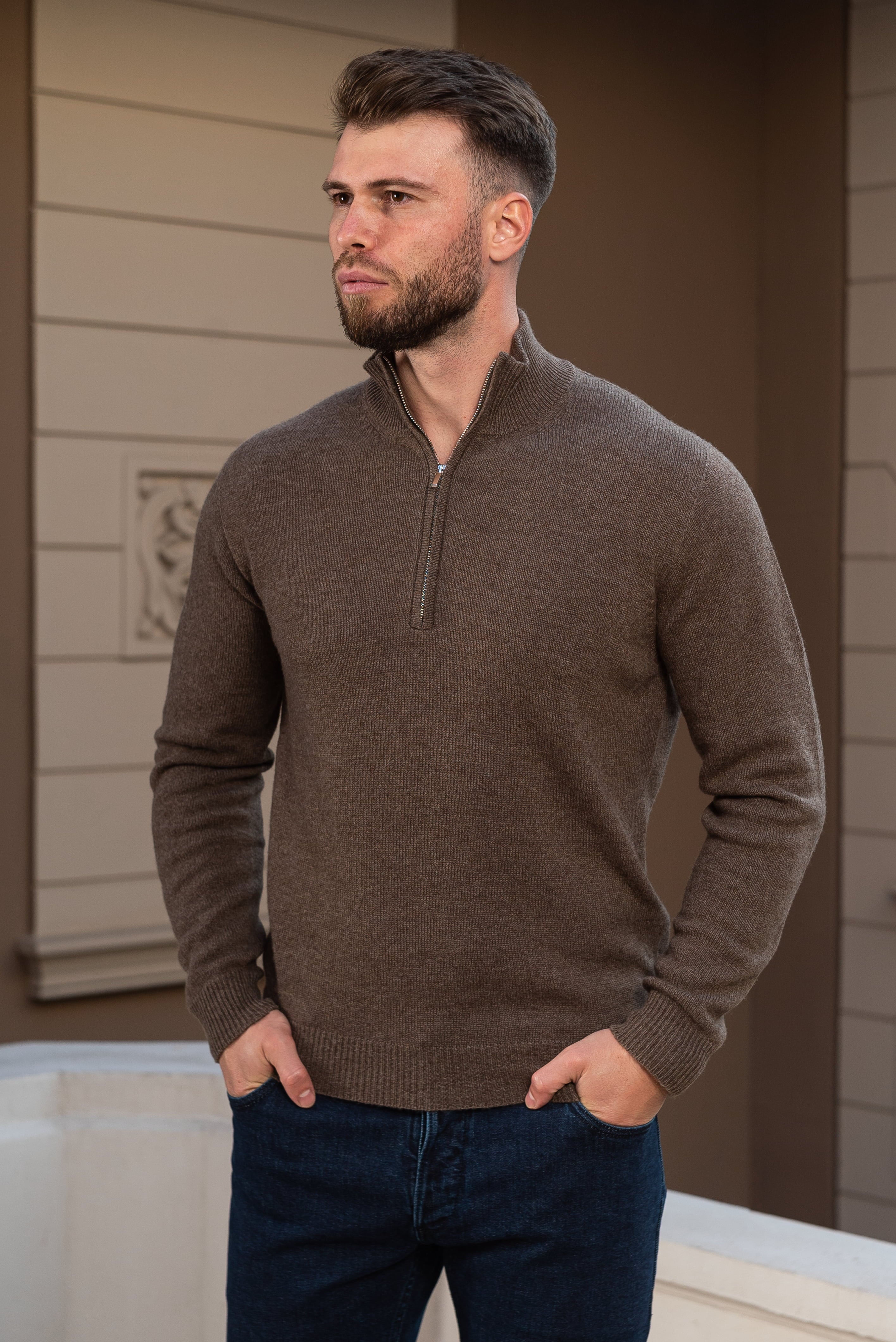 Knit Mid Brown Half Zip Consiglieri