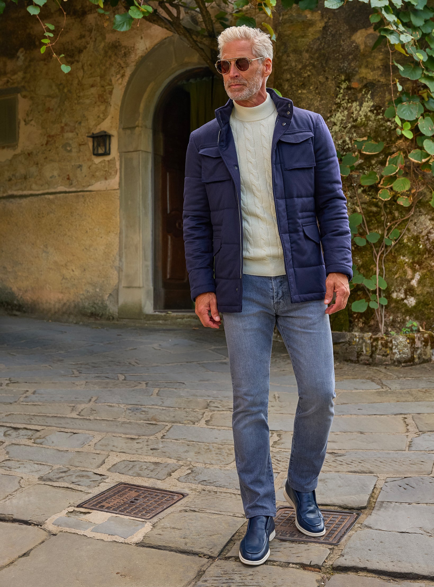 Navy Blue Field Jacket in Pure Cashmere