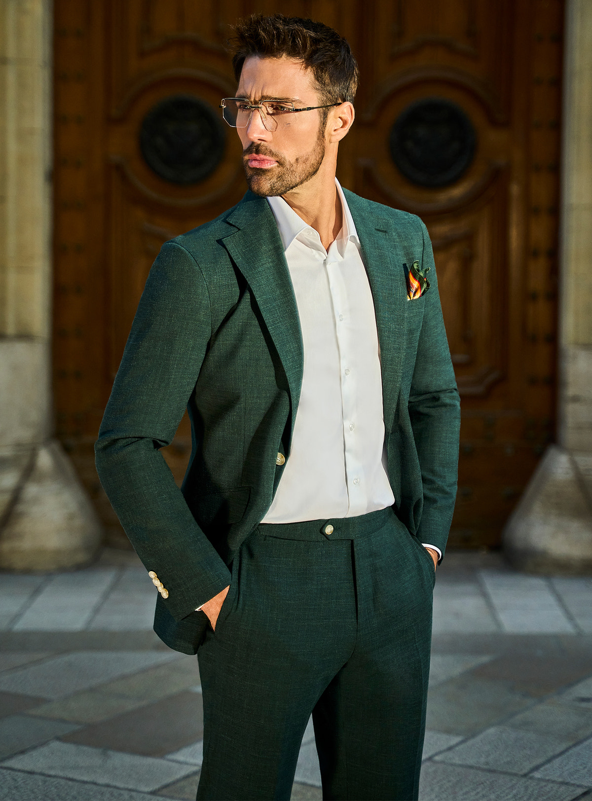 Costum Verona Class Consiglieri verde închis cu cămașă deschisă la culoare