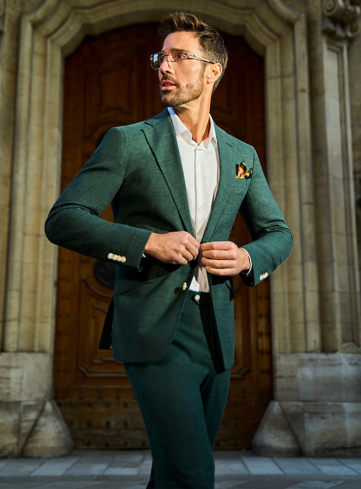 Costum Verona Class Consiglieri verde închis cu cămașă deschisă la culoare