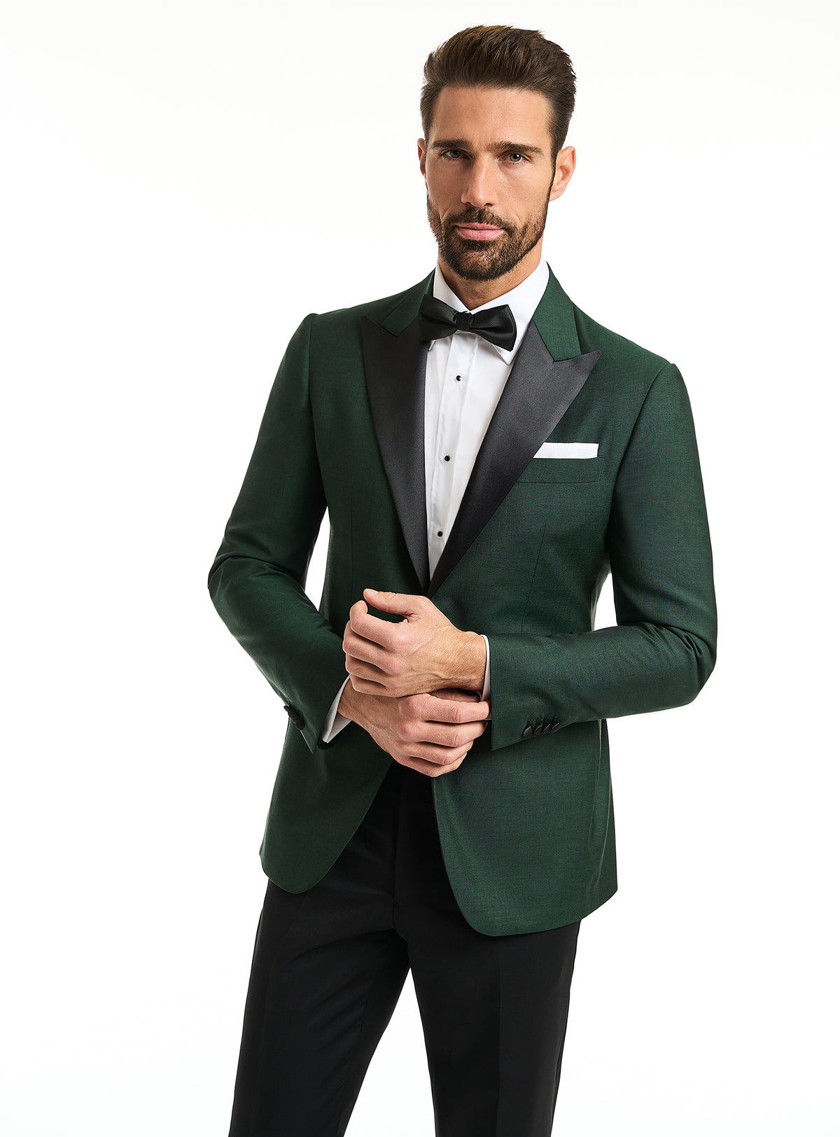 Sacou Consiglieri de smoking verde smarald, cu revere negre și pantaloni negri