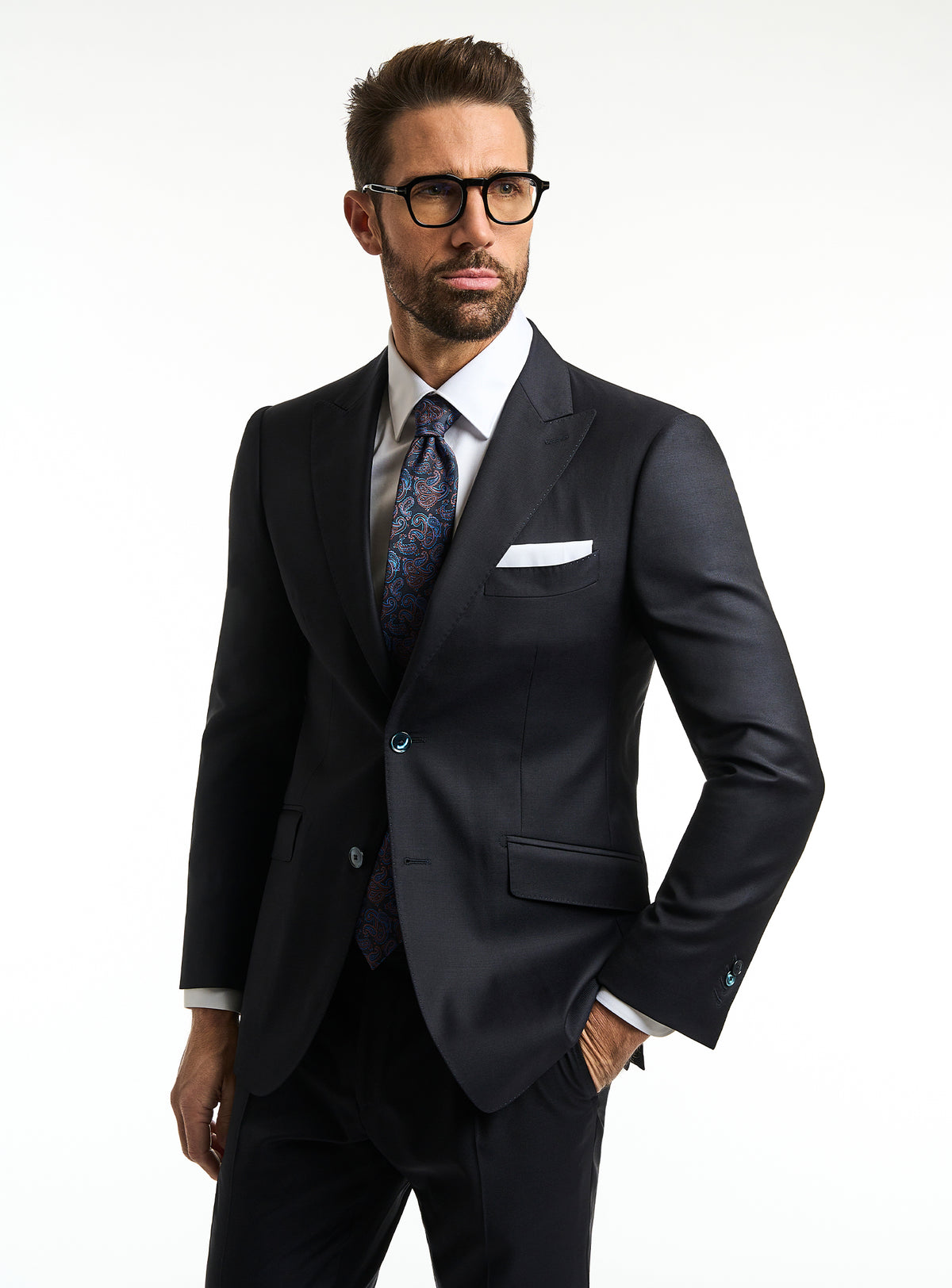 Sacou bleumarin închis Consiglieri, cu cravată în dungi și batistă albă