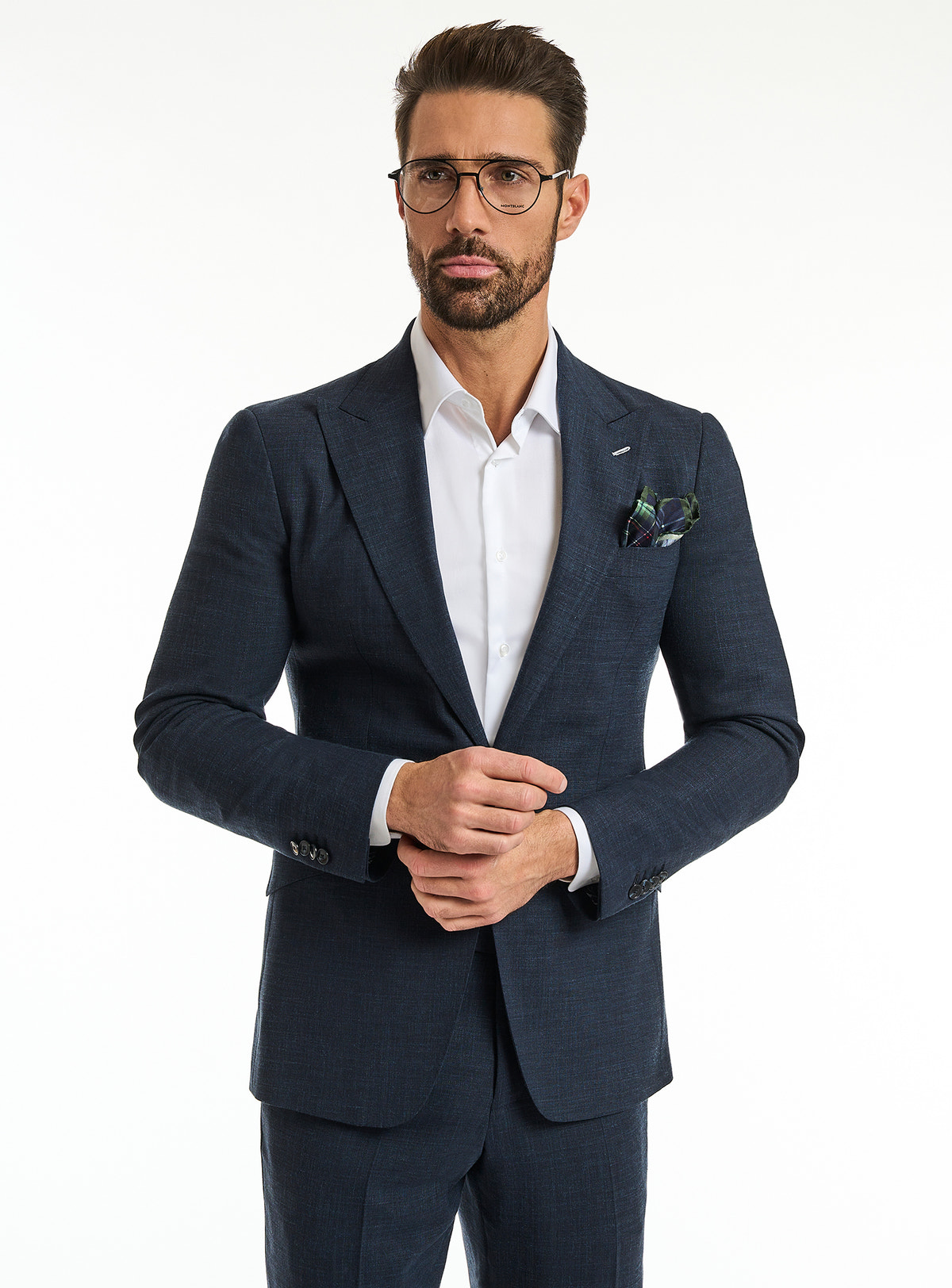 Costum Genoa Prestige Consiglieri bleumarin cu cămașă albă și batistă imprimată