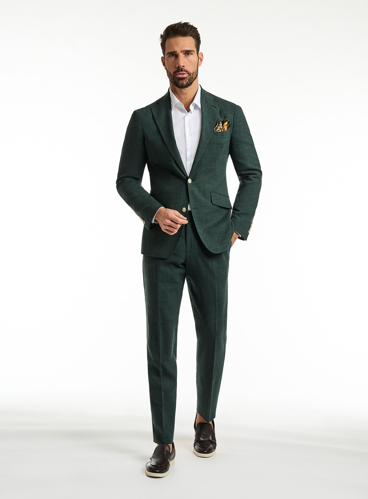 Costum Verona Class Consiglieri verde închis cu cămașă albă și batistă contrastantă