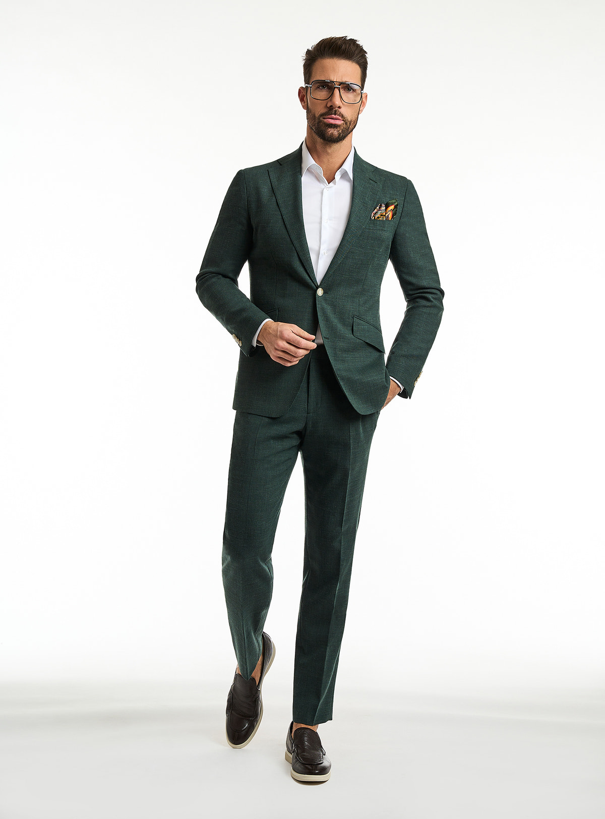 Costum Verona Class Consiglieri verde închis cu cămașă albă și batistă contrastantă