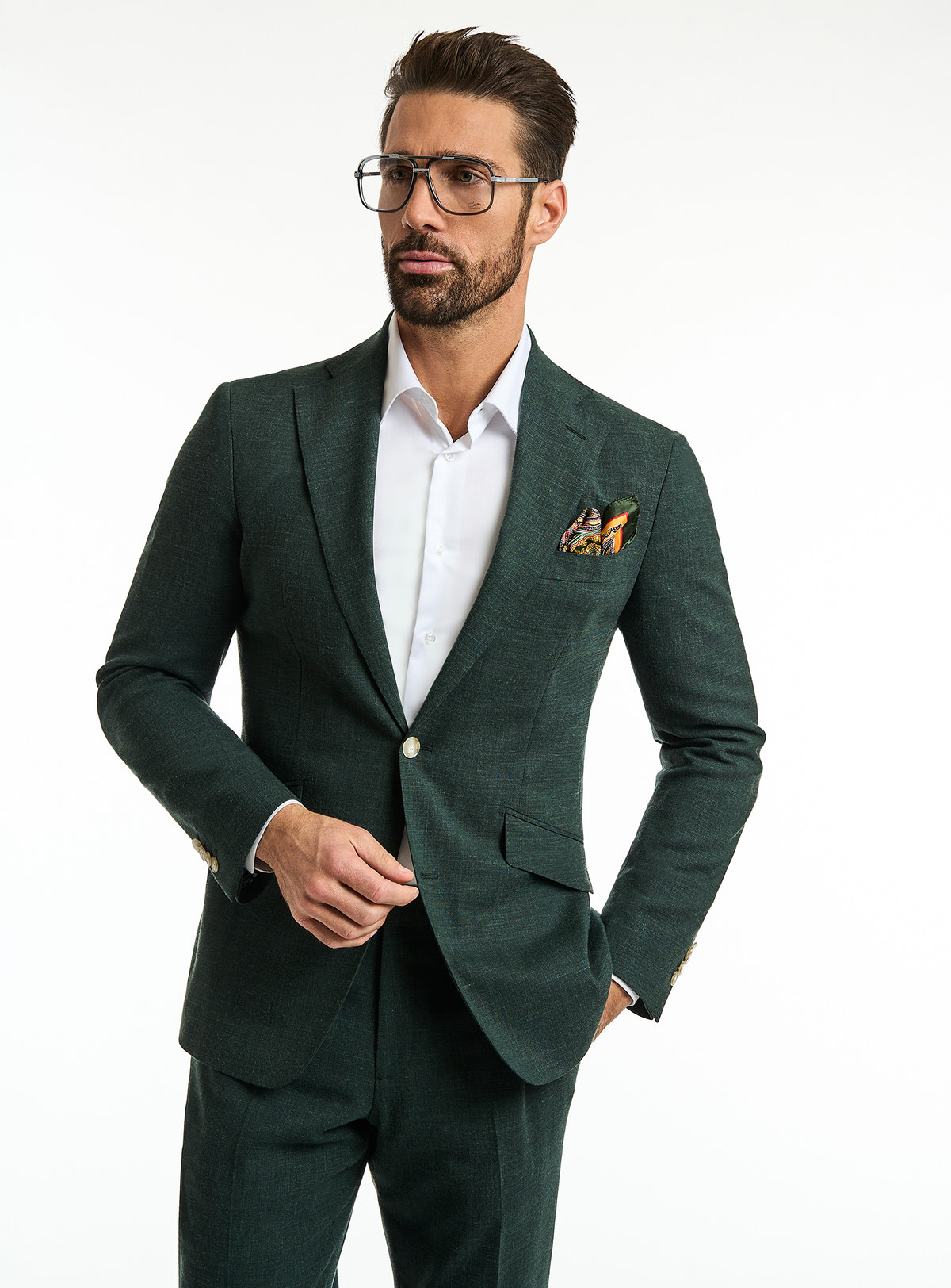 Costum Verona Class Consiglieri verde închis cu cămașă albă și batistă contrastantă