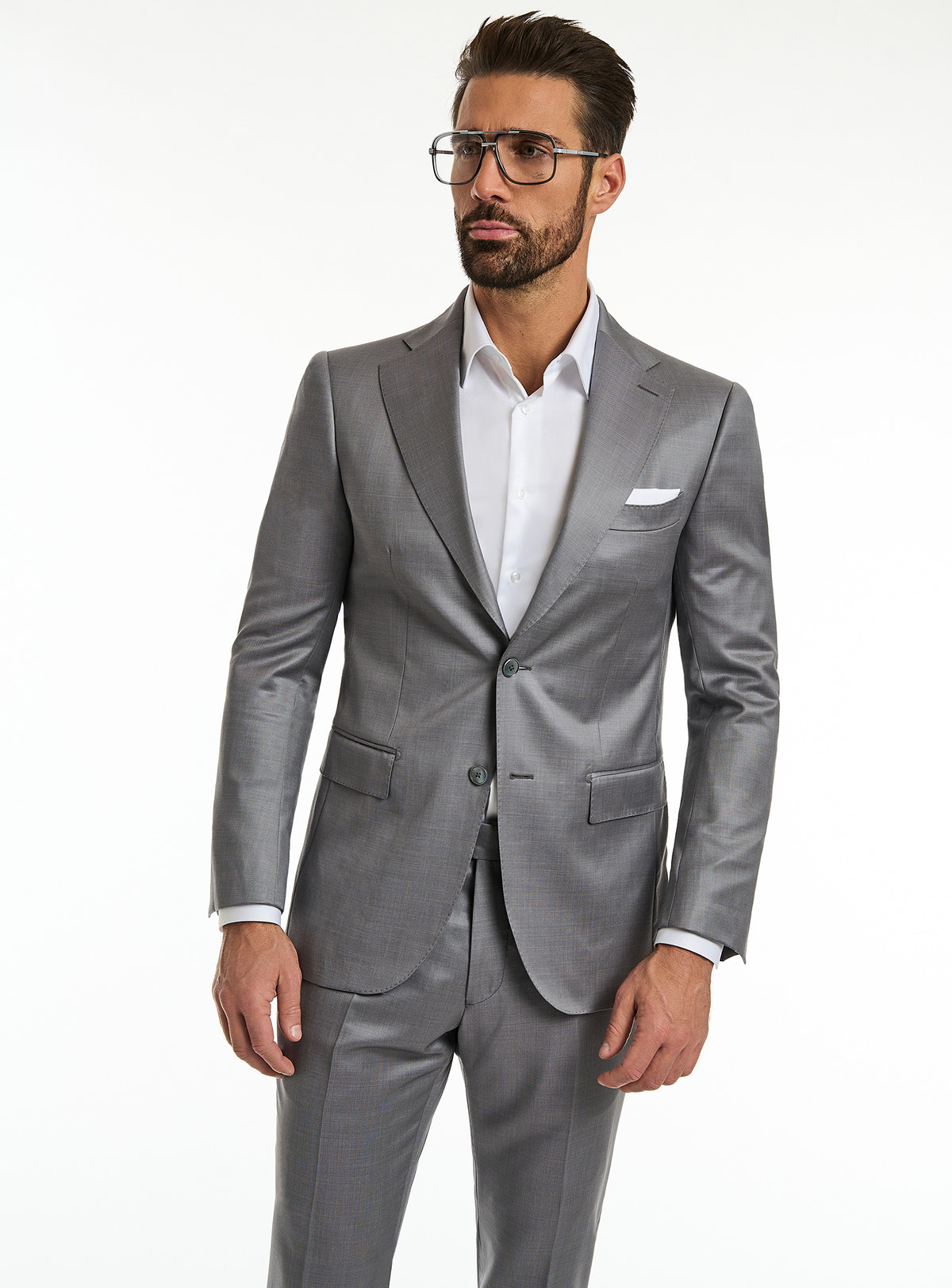 Costum Cosenza Prestige Consiglieri gri cu revere ascuțite și batistă albă