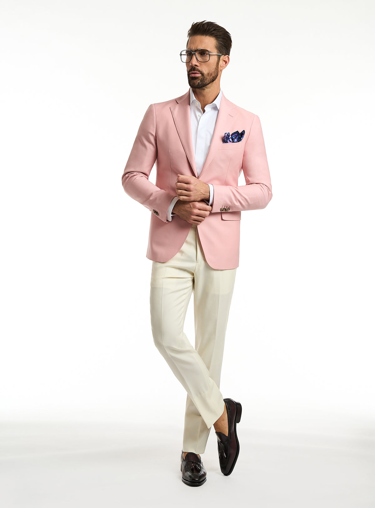 Sacou Florence Sartoriale Consiglieri roz, cu batistă bleumarin și pantaloni crem