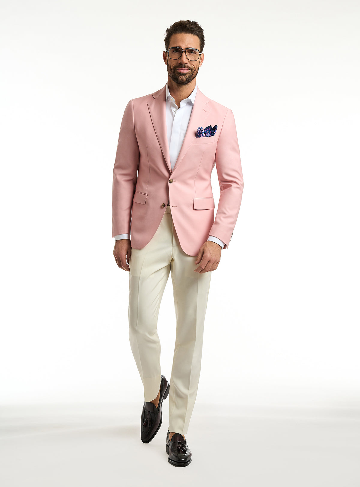 Sacou Florence Sartoriale Consiglieri roz, cu batistă bleumarin și pantaloni crem