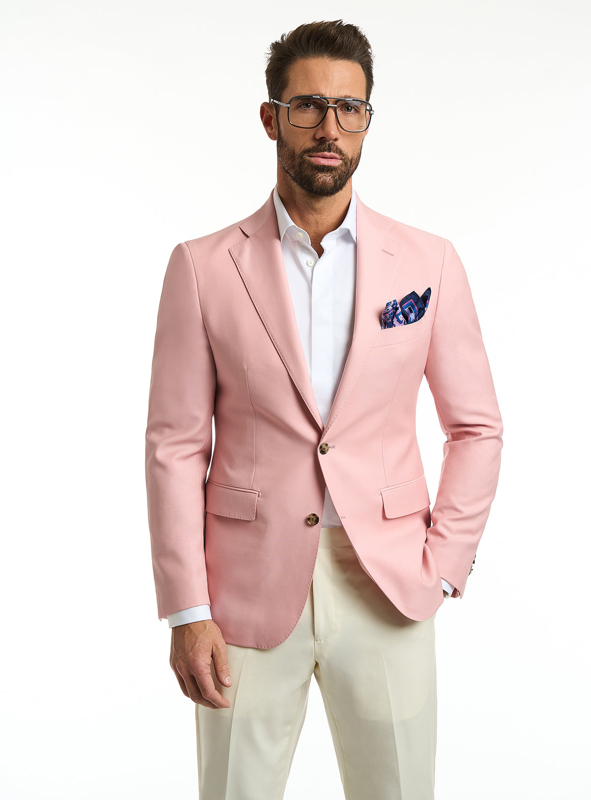 Sacou Florence Sartoriale Consiglieri roz, cu batistă bleumarin și pantaloni crem