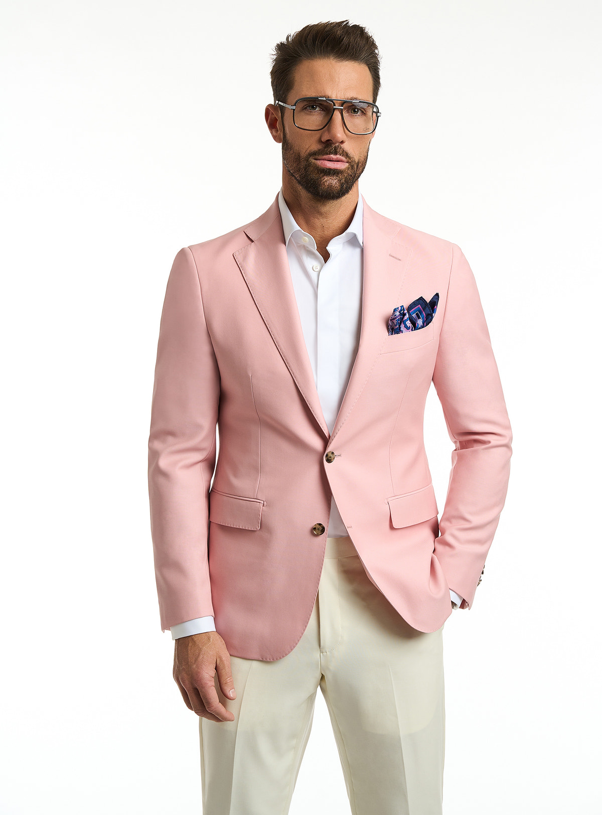 Sacou Florence Sartoriale Consiglieri roz, cu batistă bleumarin și pantaloni crem