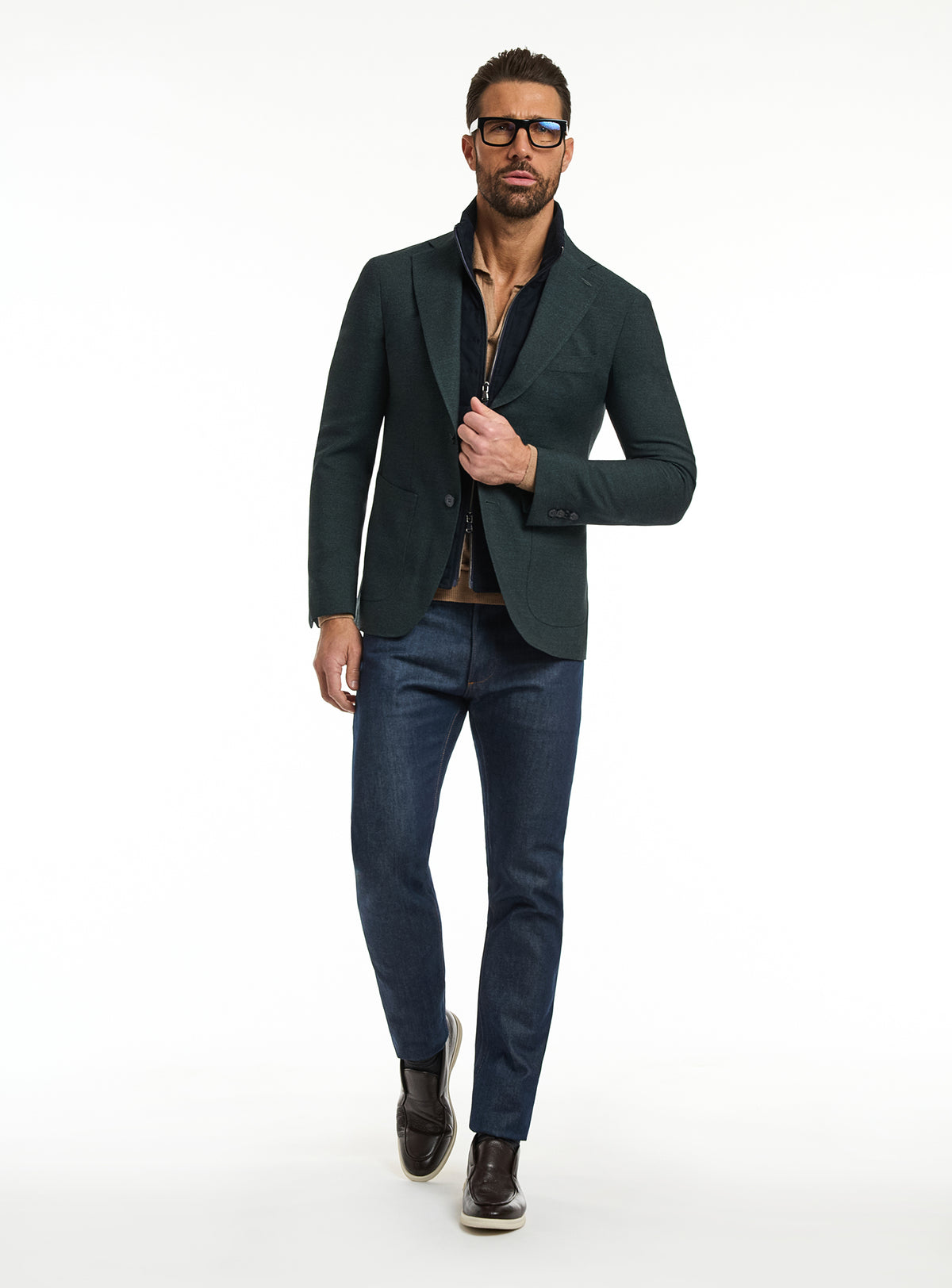 Sacou Consiglieri verde închis cu interior cu fermoar și jeans bleumarin