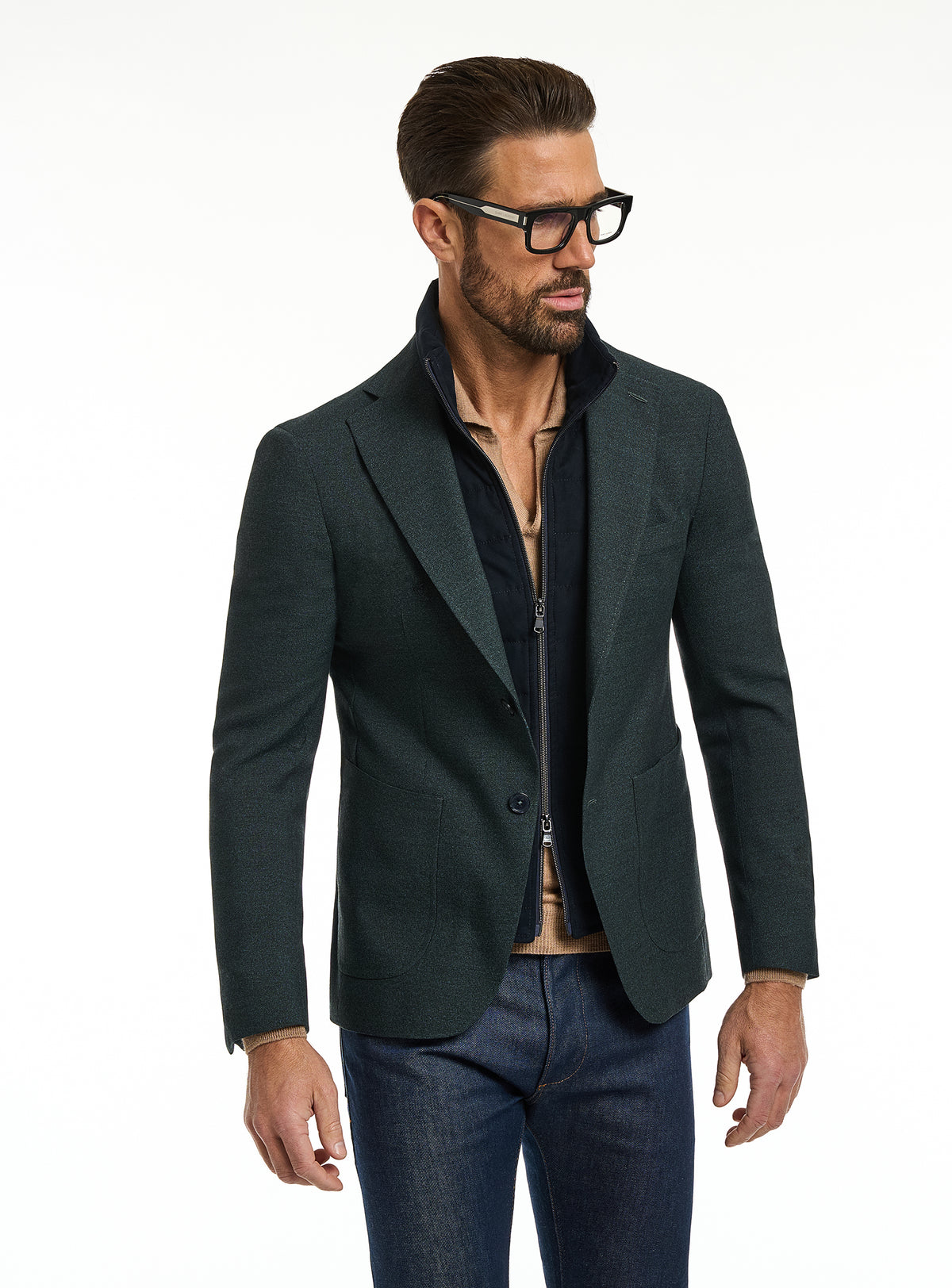 Sacou Consiglieri verde închis cu interior cu fermoar și jeans bleumarin