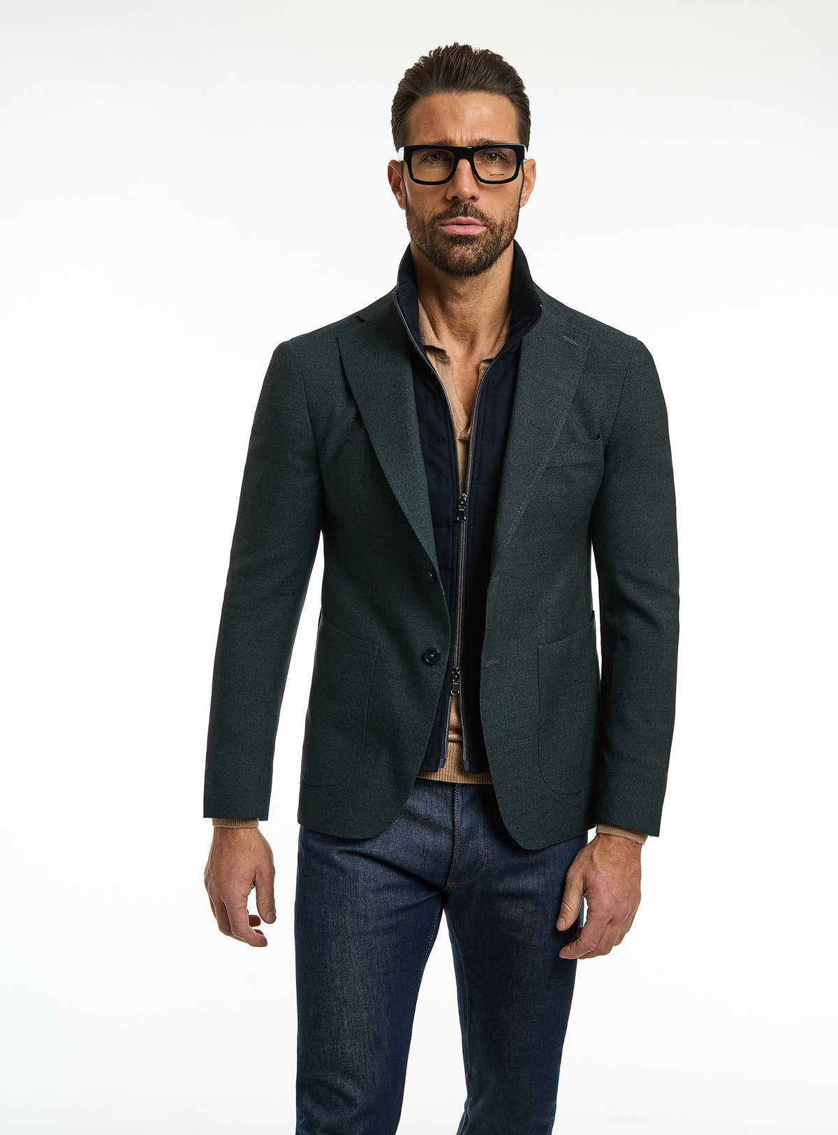 Sacou Consiglieri verde închis cu interior cu fermoar și jeans bleumarin