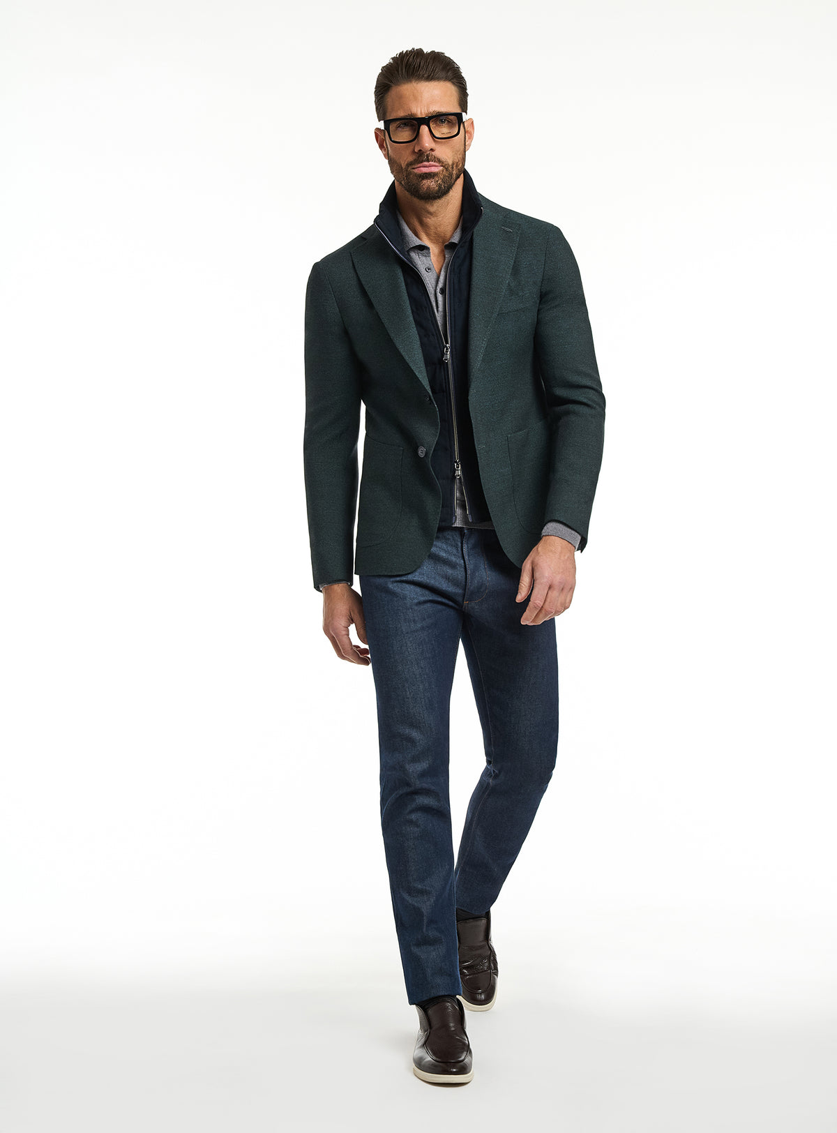 Sacou Consiglieri verde închis cu interior cu fermoar și jeans bleumarin