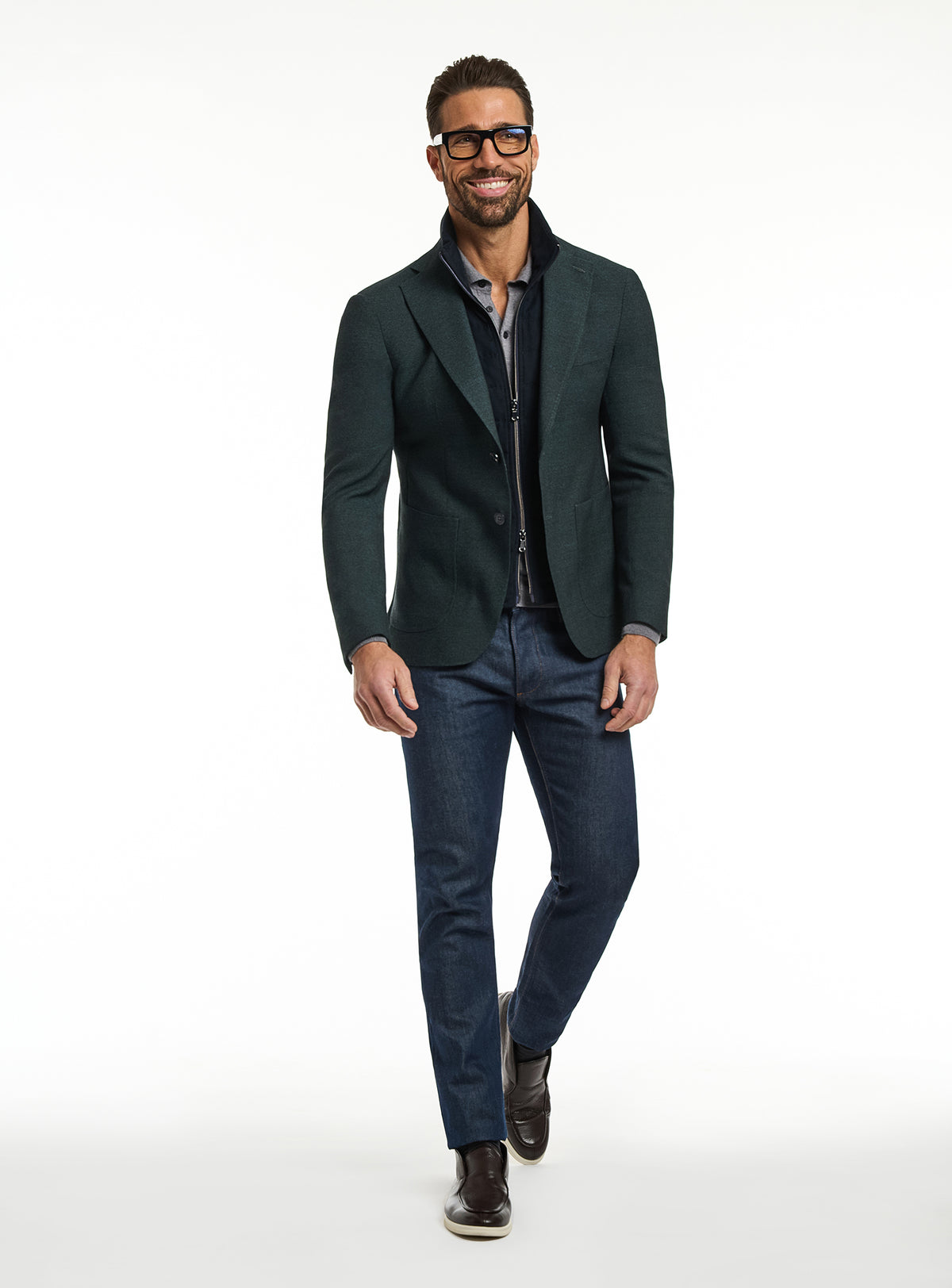 Sacou Consiglieri verde închis cu interior cu fermoar și jeans bleumarin