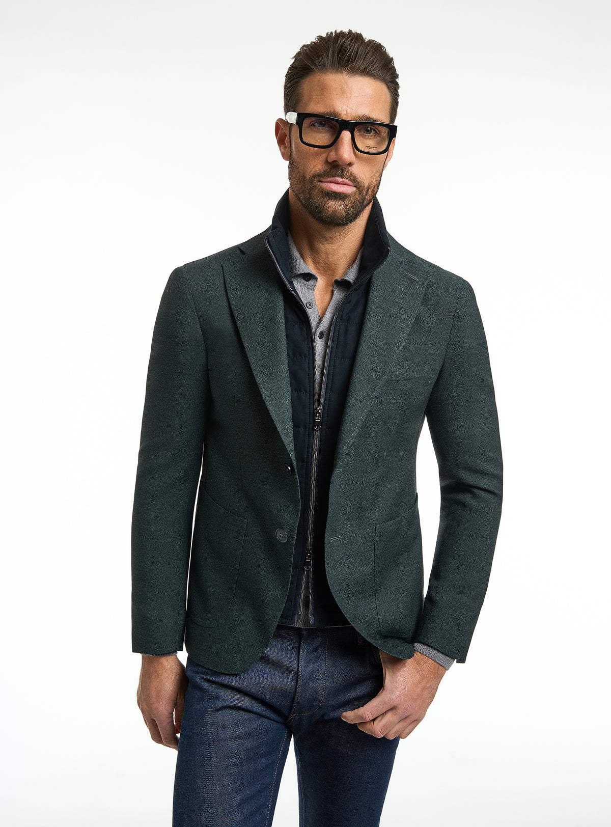 Sacou Consiglieri verde închis cu interior cu fermoar și jeans bleumarin