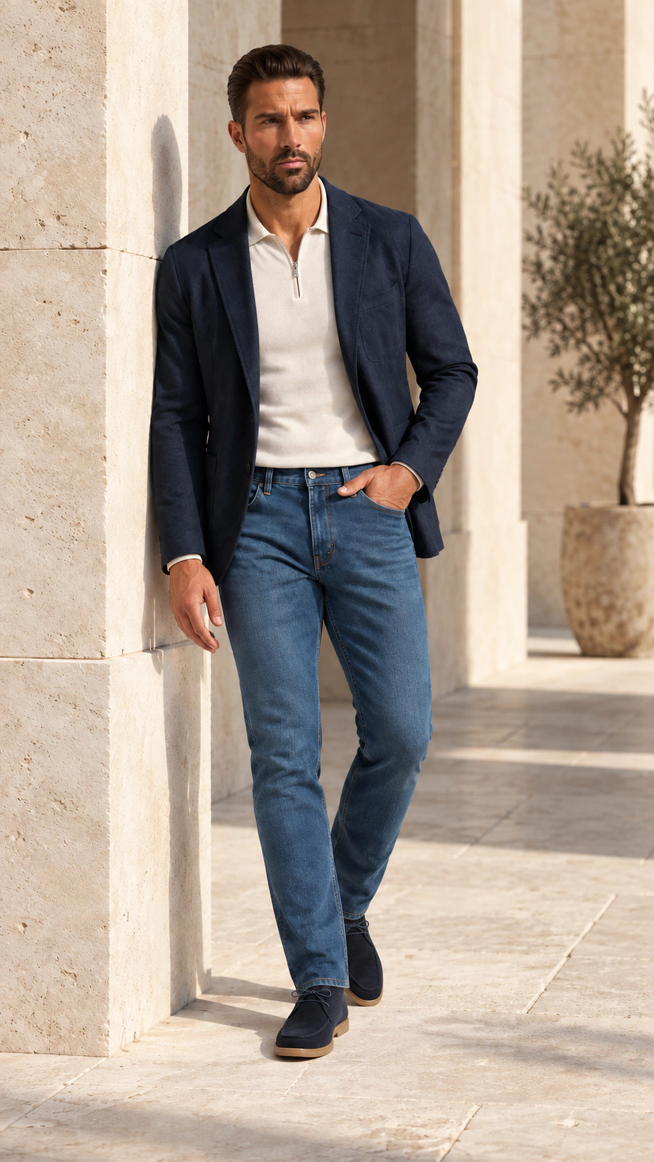 Ținută completă cu denim albastru mediu și sacou navy și City Loafer.