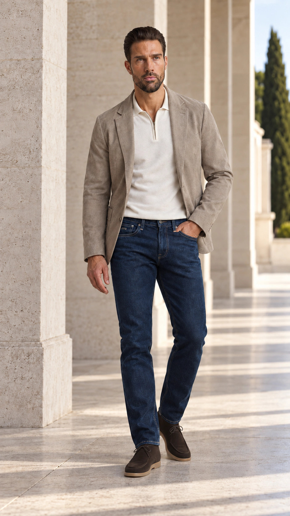 Ținută completă cu denim indigo și sacou grej și City Loafer.