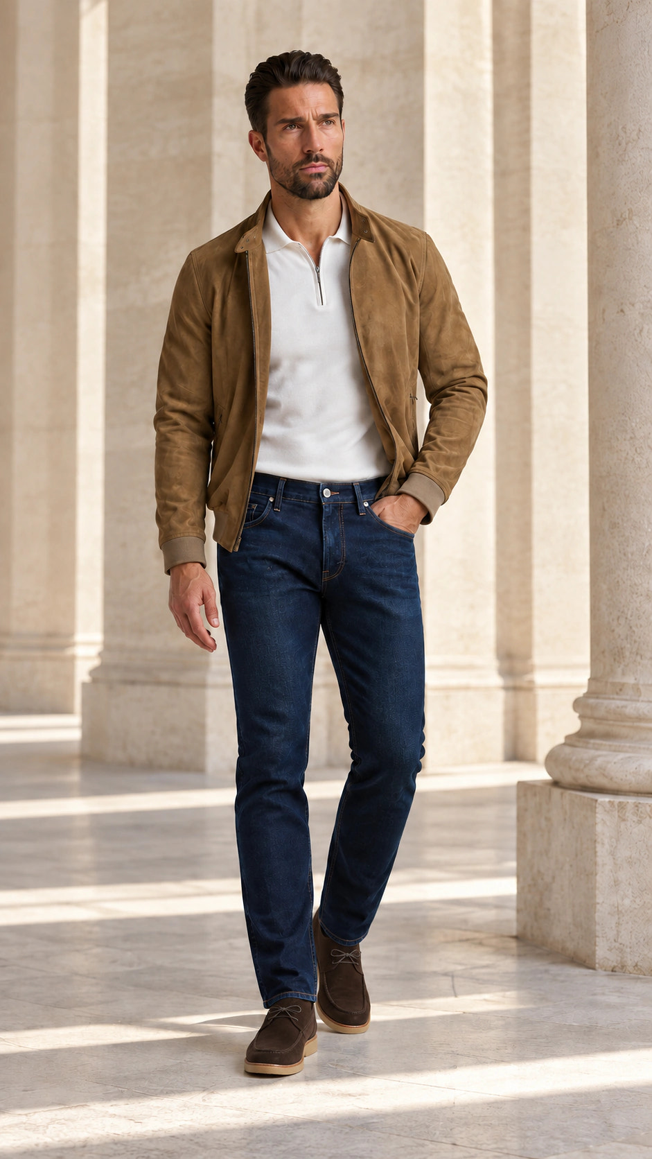 Ținută completă cu denim navy și jachetă tabac și City Loafer.
