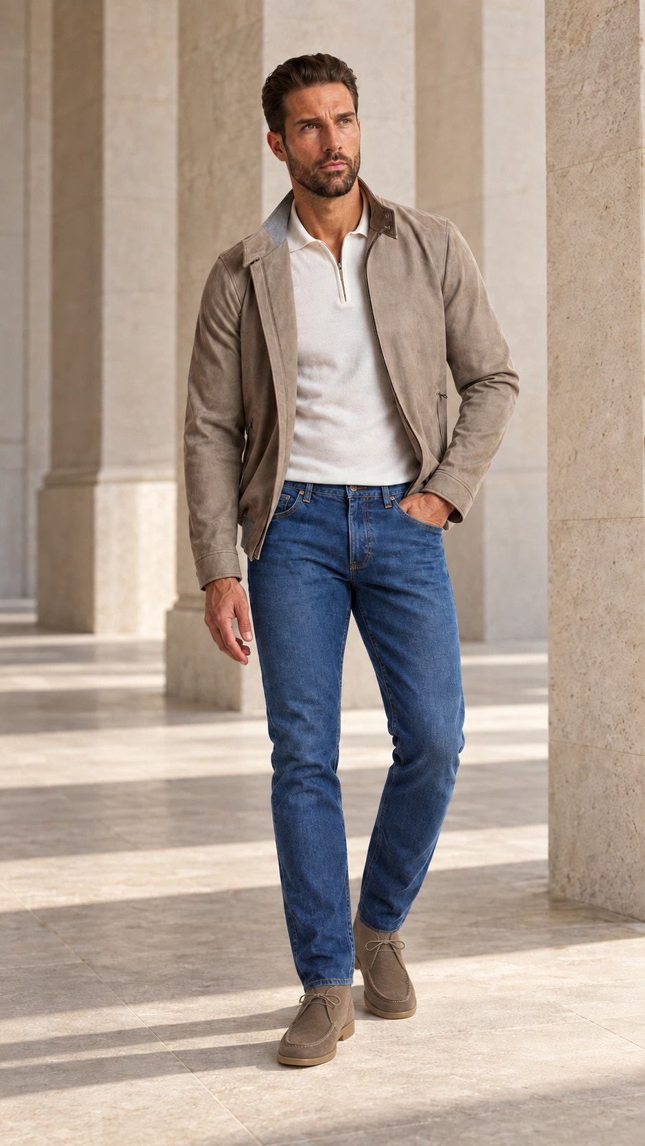 Ținută completă cu denim albastru luminos și jachetă taupe și City Loafer.