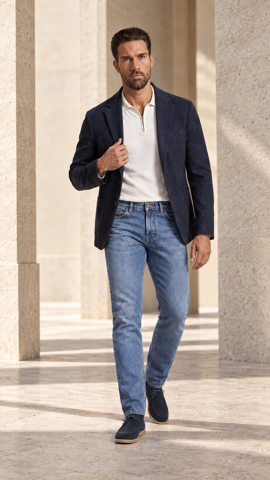 Ținută completă cu denim prespălat și sacou navy și City Loafer.