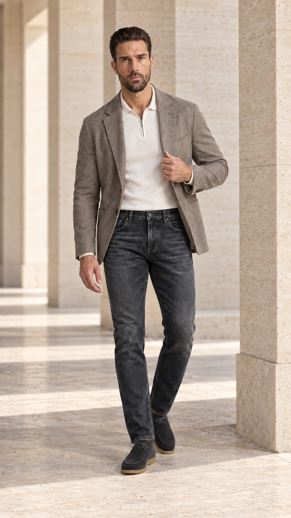 Ținută completă cu denim charcoal și sacou gri și City Loafer.