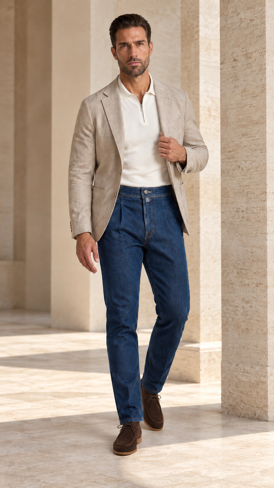 Ținută completă cu pantaloni din denim și sacou oatmeal și City Loafer.
