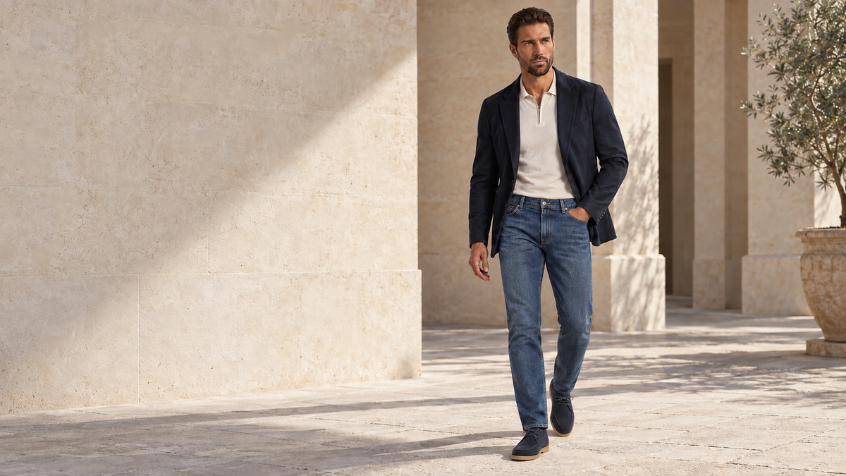 Jeans Custom Made într-o ținută relaxată, în lumină naturală